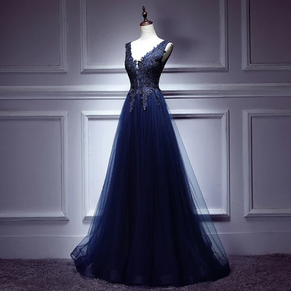 Modern / Fashion Royal Blue Evening Dresses 2017 A-Line / Princess Lace Tulle V-Neck Backless Beading Evening Party Formal Dresses