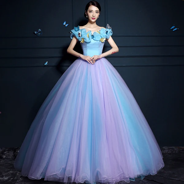 Cinderella Pool Blue Ball Gown Prom Dresses 2017 Tulle U-Neck Lilac Butterfly Backless Prom Formal Dresses