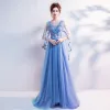 Chic / Beautiful Sky Blue Prom Dresses 2017 A-Line / Princess Tulle V-Neck Appliques Backless Beading Prom Formal Dresses