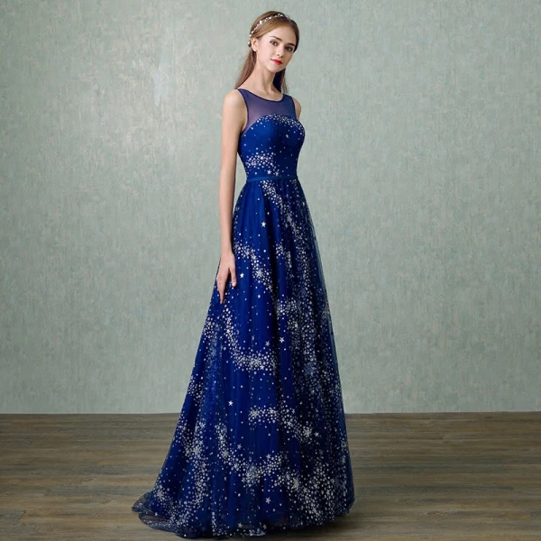 Chic / Beautiful Sparkly Royal Blue Evening Dresses 2017 A-Line / Princess U-Neck Lace Backless Glitter Sequins Chiffon Bling Bling Homecoming Evening Party Prom Dresses
