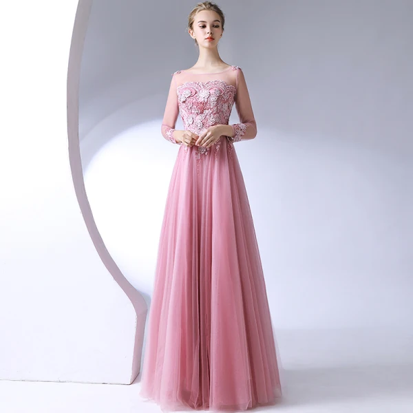 Classic Elegant Blushing Pink Evening Dresses 2017 A-Line / Princess U-Neck Lace Beading Backless Appliques Evening Party Formal Dresses