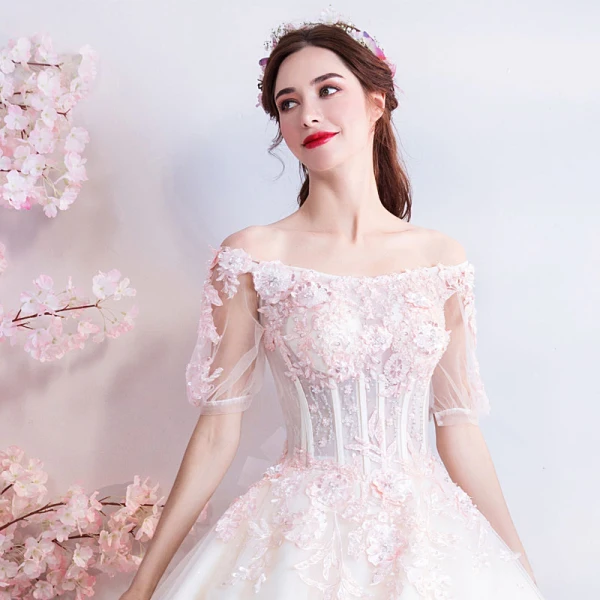Affordable Champagne Pearl Pink Floor-Length / Long White Wedding Dresses 2018 Tulle Lace Appliques Backless Beading Corset Strapless Ball Gown Wedding