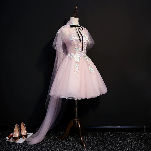 Classic Elegant Blushing Pink Watteau Train Graduation Dresses 2018 A-Line / Princess Tulle Appliques Backless Beading Strapless With Shawl Homecoming Formal Dresses