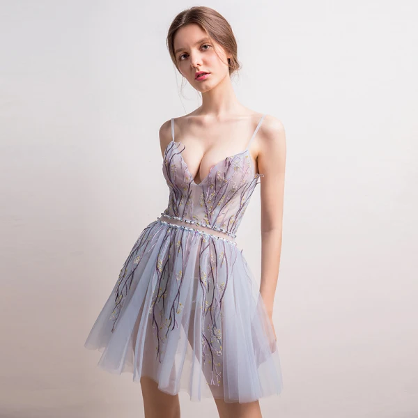 Sexy Sky Blue Short Cocktail Party 2018 A-Line / Princess V-Neck Tulle Appliques Backless Beading Sequins Cocktail Dresses Formal Dresses