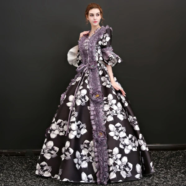Vintage / Retro Traditional 3/4 Sleeve Multi-Colors Floor-Length / Long Ball Gown Prom Dresses 2018 Charmeuse U-Neck Backless Printing Prom Formal Dresses