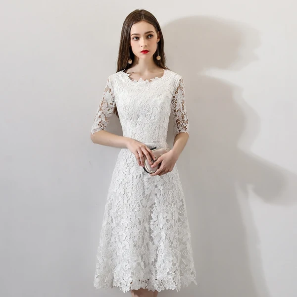 Chic / Beautiful White Wedding 2018 A-Line / Princess U-Neck Lace-up 1/2 Sleeves Zipper Up Short Wedding Dresses