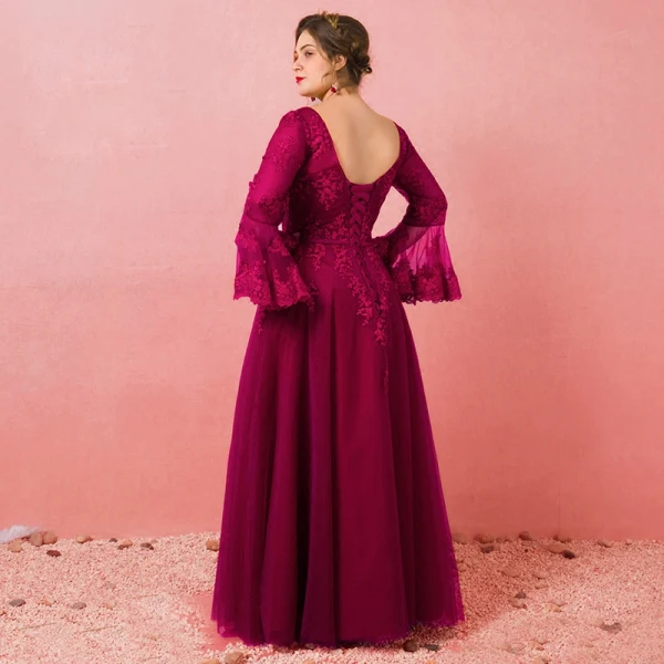 Amazing / Unique Burgundy Plus Size Prom Dresses 2018 A-Line / Princess Long Sleeve Lace-up U-Neck Tulle Appliques Backless Evening Party Prom Evening Dresses