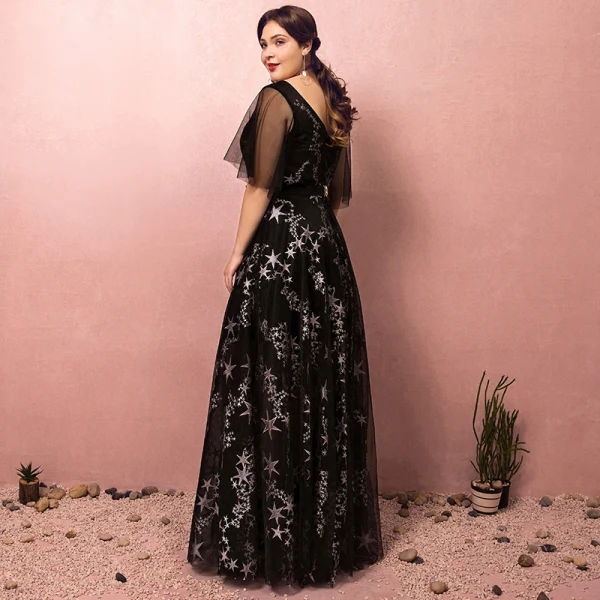 Chic / Beautiful Black Plus Size Prom Dresses 2018 A-Line / Princess Tulle V-Neck Star Backless Printing Embroidered Evening Party Evening Dresses