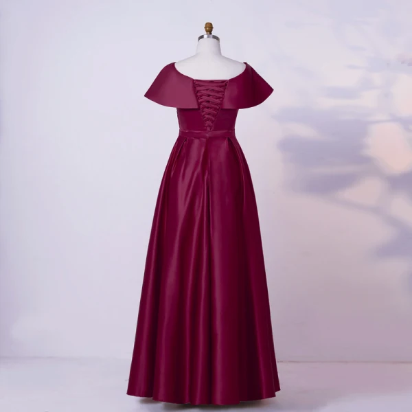 Simple Bordeaux Grande Taille Robe De Soirée 2020 Princesse V-Cou Longue Manches Courtes Bretelles croisées Fait main Couleur Unie Satin Soirée Robe De Ceremonie