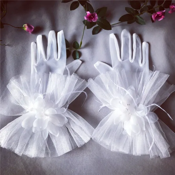 Flower Fairy White Bridal Gloves 2020 Appliques Feather Flower Tulle Prom Wedding Accessories