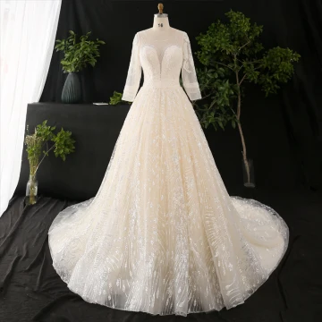 Lyx Champagne Balklänning Bröllopsklänningar 2021 Korsade Remmar U Hals Långärmad Spets Tyll Appliqués Halterneck Beading Pärla Paljetter Cathedral Train Bröllop