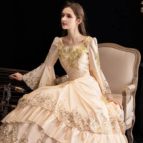 Vintage / Retro Luxury / Gorgeous Medieval Champagne Formal Dresses 2021 Long Sleeve U-Neck Floor-Length / Long 3D Lace Beading Sequins Cosplay Prom Ball Gown Prom Dresses