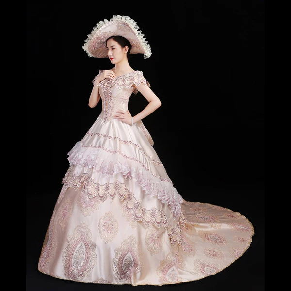 Vintage / Retro Medieval Blushing Pink Ball Gown Prom Dresses 2021 U-Neck 3D Lace Embroidered Printing Short Sleeve Prom Chapel Train Formal Dresses