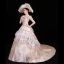 Vintage / Retro Medieval Blushing Pink Ball Gown Prom Dresses 2021 U-Neck 3D Lace Embroidered Printing Short Sleeve Prom Chapel Train Formal Dresses