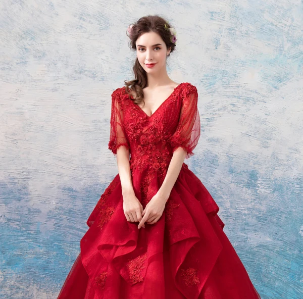 Amazing / Unique Red Floor-Length / Long Prom Dresses 2018 1/2 Sleeves V-Neck Tulle Ball Gown Embroidered Appliques Backless Beading Prom Evening Dresses