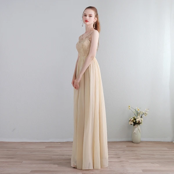Charming Sexy Floor-Length / Long Champagne Evening Dresses 2018 Zipper Up V-Neck Chiffon Lace-up Appliques Backless Beading Formal Dresses