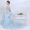 Chic / Beautiful Sky Blue Evening Dresses  2017 A-Line / Princess U-Neck Appliques Backless Embroidered Tulle Evening Party Prom Dresses