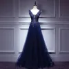 Moda Azul Real Vestidos de noche 2017 A-Line / Princess Con Encaje Tul V-Cuello Sin Espalda Rebordear Noche Vestidos Formales
