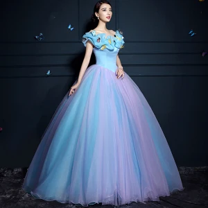 Cendrillon Bleu Robe Boule Robe De Bal 2017 Tulle U Cou Lilas Papillon Dos Nu Promo Robe De Ceremonie
