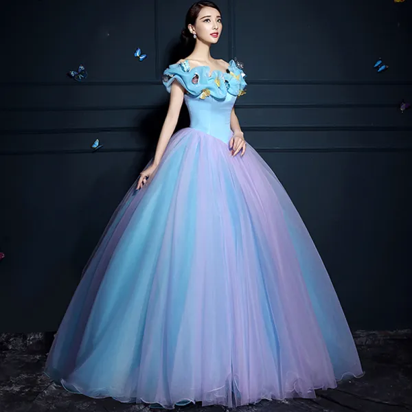 Cinderella Pool Blue Ball Gown Prom Dresses 2017 Tulle U-Neck Lilac Butterfly Backless Prom Formal Dresses