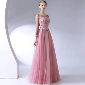 Klassieke Elegante Blozen Roze Avondjurken 2017 A Lijn U Hals Kanten Kralen Ruglooze Appliques Avond Gelegenheid Jurken