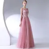 Classic Elegant Blushing Pink Evening Dresses  2017 A-Line / Princess U-Neck Lace Beading Backless Appliques Evening Party Formal Dresses