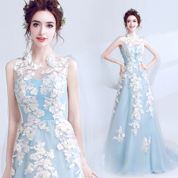 Chic / Beautiful Sky Blue Evening Dresses  2017 A-Line / Princess U-Neck Appliques Backless Embroidered Tulle Evening Party Prom Dresses