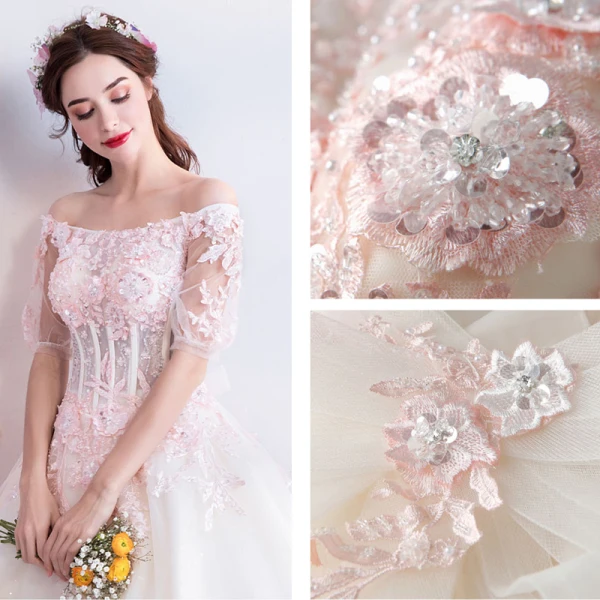 Affordable Champagne Pearl Pink Floor-Length / Long White Wedding Dresses 2018 Tulle Lace Appliques Backless Beading Corset Strapless Ball Gown Wedding