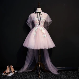 Classic Elegant Blushing Pink Watteau Train Graduation Dresses 2018 A Line Princess Tulle Appliques Backless Beading Strapless With Shawl Homecoming Formal Dresses