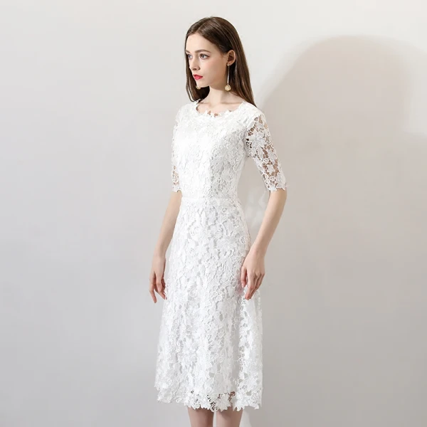 Chic / Beautiful White Wedding 2018 A-Line / Princess U-Neck Lace-up 1/2 Sleeves Zipper Up Short Wedding Dresses