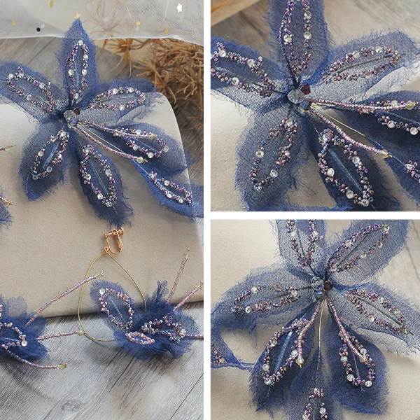 Fine Mørk Marineblå Øredobber Hodepynt 2019 Tyll Sommerfugl Beading Rhinestone Håndlaget Aften Ball Tilbehør