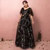 Chic / Beautiful Black Plus Size Prom Dresses 2018 A-Line / Princess Tulle V-Neck Star Backless Printing Embroidered Evening Party Evening Dresses