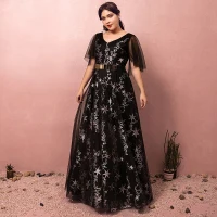 Fine Svart Pluss Størrelse Ballkjoler 2018 Prinsesse Tyll V-Hals Stjerne Ryggløse Printing Brodert Aften Selskapskjoler