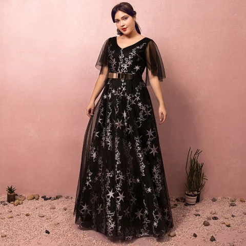 Hermoso Negro Talla Extra Vestidos de gala 2018 A-Line / Princess Tul V-Cuello Estrella Sin Espalda Impresión Bordado Noche Vestidos de noche