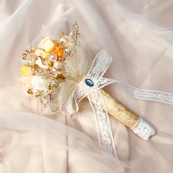 Stunning Romantic Champagne Wedding Flowers 2020 Handmade  Tulle Metal Beading Crystal Flower Pearl Bridal Wedding Prom Accessories