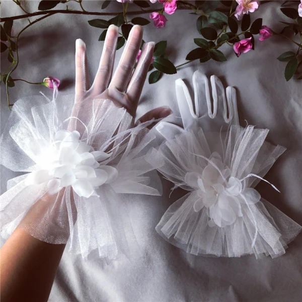 Flower Fairy White Bridal Gloves 2020 Appliques Feather Flower Tulle Prom Wedding Accessories