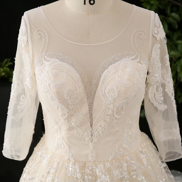 Luxury / Gorgeous Champagne Ball Gown Wedding Dresses 2021 Crossed Straps U-Neck Long Sleeve Lace Tulle Appliques Backless Beading Pearl Sequins Cathedral Train Wedding