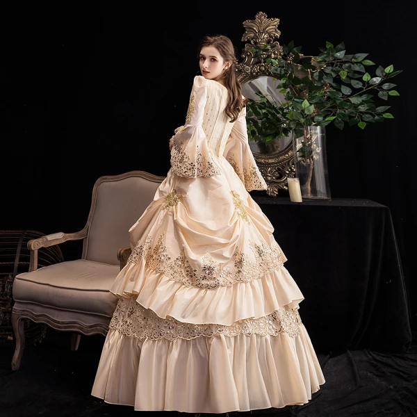 Vintage / Retro Luxury / Gorgeous Medieval Champagne Formal Dresses 2021 Long Sleeve U-Neck Floor-Length / Long 3D Lace Beading Sequins Cosplay Prom Ball Gown Prom Dresses