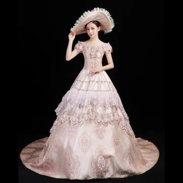 Vintage Originale Médiévale Rougissant Rose Robe Boule Robe De Bal 2021 U Cou Dentelle 3d Brodé Impression Manches Courtes Promo Chapel Train Robe De Ceremonie