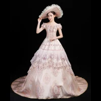 Vintage Medieval Rosa Clara Ball Gown Vestidos de gala 2021 U-escote Encaje 3D Bordado Impresión Manga Corta Gala Chapel Train Vestidos Formales