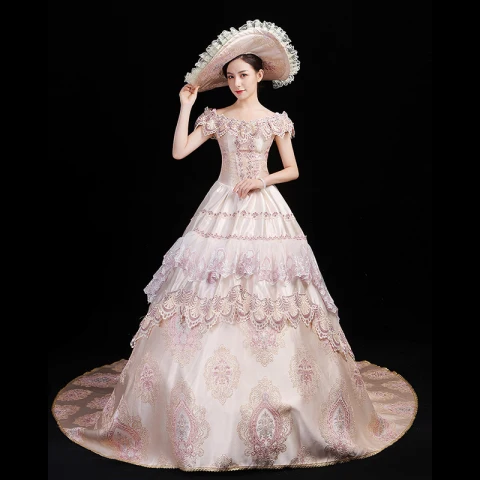 Vintage / Retro Medieval Blushing Pink Ball Gown Prom Dresses 2021 U-Neck 3D Lace Embroidered Printing Short Sleeve Prom Chapel Train Formal Dresses