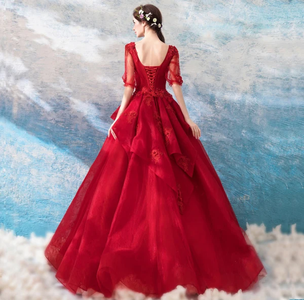 Amazing / Unique Red Floor-Length / Long Prom Dresses 2018 1/2 Sleeves V-Neck Tulle Ball Gown Embroidered Appliques Backless Beading Prom Evening Dresses