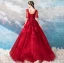 Amazing / Unique Red Floor-Length / Long Prom Dresses 2018 1/2 Sleeves V-Neck Tulle Ball Gown Embroidered Appliques Backless Beading Prom Evening Dresses