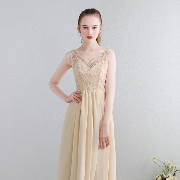 Charming Sexy Floor-Length / Long Champagne Evening Dresses 2018 Zipper Up V-Neck Chiffon Lace-up Appliques Backless Beading Formal Dresses