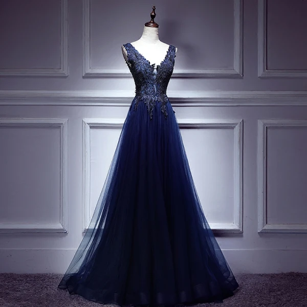 Modern / Fashion Royal Blue Evening Dresses 2017 A-Line / Princess Lace Tulle V-Neck Backless Beading Evening Party Formal Dresses
