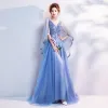 Chic / Beautiful Sky Blue Prom Dresses 2017 A-Line / Princess Tulle V-Neck Appliques Backless Beading Prom Formal Dresses