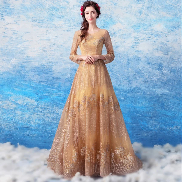 Chic / Beautiful Gold Prom Dresses 2018 A-Line / Princess Floor-Length / Long Tulle U-Neck Appliques Backless Beading Glitter Sequins Prom Formal Dresses
