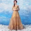 Chic / Beautiful Gold Prom Dresses 2018 A-Line / Princess Floor-Length / Long Tulle U-Neck Appliques Backless Beading Glitter Sequins Prom Formal Dresses