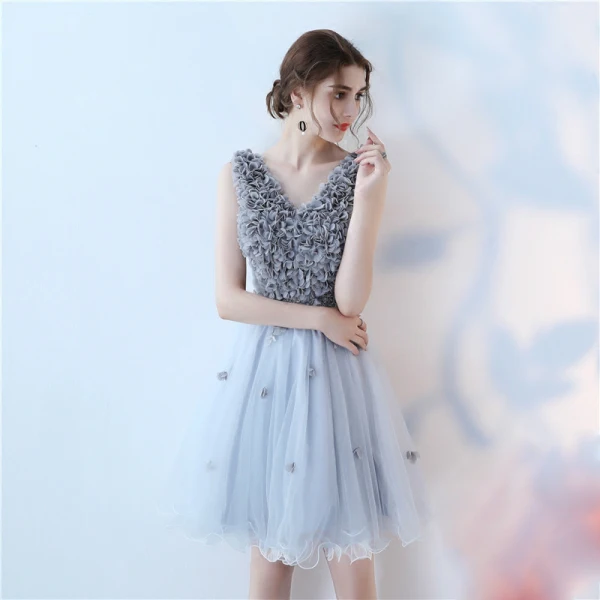 Modern / Fashion 2017 Ink Blue Graduation Dresses V-Neck Lace Appliques Backless Pierced Homecoming A-Line / Princess Party Dresses