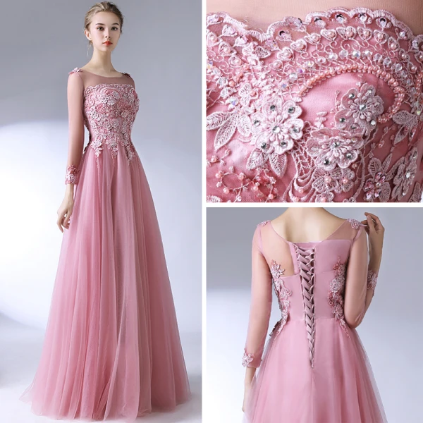 Classic Elegant Blushing Pink Evening Dresses 2017 A-Line / Princess U-Neck Lace Beading Backless Appliques Evening Party Formal Dresses